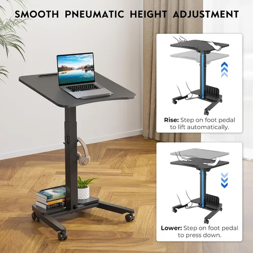 Vista 4 de BONTEC Escritorio móvil de pie de altura ajustable, carrito rodante para laptop con estante de almacenamiento, ganchos, estación de trabajo portátil