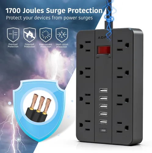 Vista 3 de Cable de extensión plano con protector de sobretensiones, tira de alimentación de enchufe plano, 8 tomas de corriente ampliamente espaciadas y 6