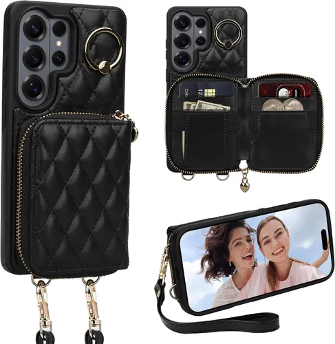 Vista 62 de Funda para iPhone 12 Pro/iPhone 12 de 6.1 pulgadas, cartera cruzada con cremallera para mujer, tarjetero con bloqueo RFID, funda de cuero con Negro
