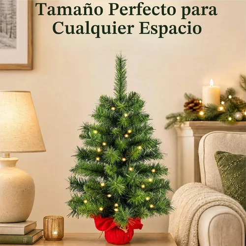 Vista 5 de Mini árbol de Navidad artificial preiluminado de 2 pies Árbol de mesa preiluminado de 2 pies, base de bolsa de tela pequeña con 50 luces, funciona