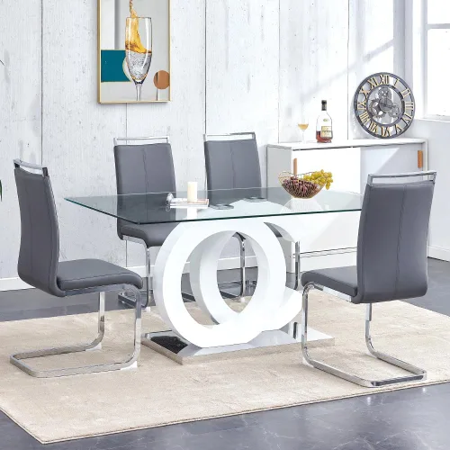 Vista 17 de Juego de mesa de comedor de 63 pulgadas para 4, moderno juego de mesa de comedor de vidrio templado para 4, para el hogar, cocina, sala de estar