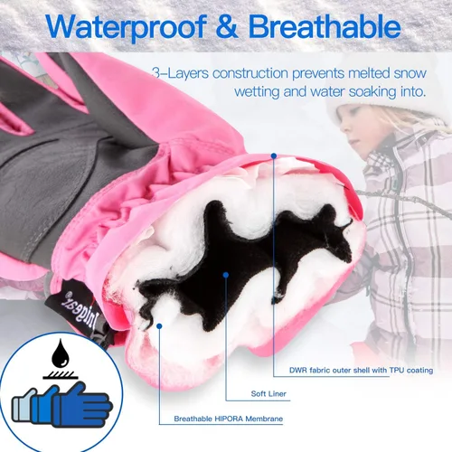 Vista 4 de Unigear Guantes de esquí para niños, impermeables, para invierno, clima frío, snowboard y snowboard, se adaptan tanto a niños como a niñas