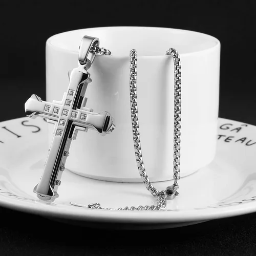 Vista 4 de HZMAN Religion - Collar con colgante de cruz de circonita cúbica de acero inoxidable bizantino grande para hombre, cadena de 22 + 2 pulgadas