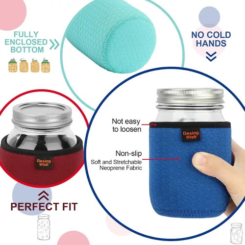Vista 3 de Funda de neopreno para tarro Mason de boca regular y ancha, 16 onzas, antideslizante, acogedora, aislada, fundas protectoras de 3.0 x 3.7 pulgadas
