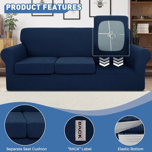 Vista 4 de JIVINER Fundas de sofá de 4 piezas para sofá de 3 cojines, funda elástica para sofá con 3 fundas de cojín de asiento, funda gruesa ajustada