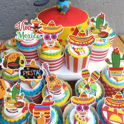Vista 4 de Paquete de 40 adornos para cupcakes de fiesta de cactus, burro, maraca, sombrero, pimienta, guitarra, magdalenas, para fiesta mexicana, baby shower