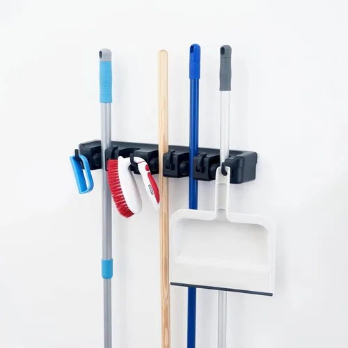 Vista 5 de Superio Soporte de pared para fregona y escoba (negro) Herramientas de limpieza Organizador de pared, 5 ranuras para estante y 6 ganchos