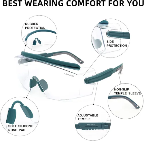 Vista 5 de UKNOW Gafas de seguridad sobre lentes, lente envolvente transparente antivaho ANSI Z87.1; estuche portátil para gafas de seguridad con clip