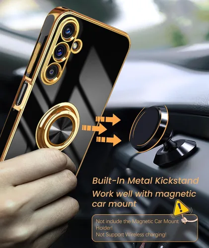 Vista 6 de Dretal Funda para Samsung Galaxy A15 5G, protector de pantalla, soporte de anillo giratorio de 360°, soporte magnético, borde dorado plateado, funda