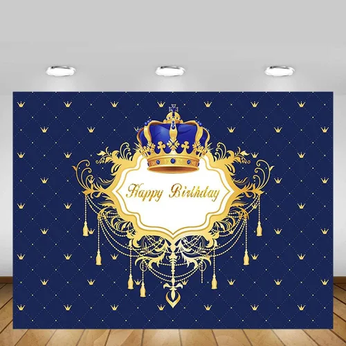 Vista 4 de Fondo de fotos de feliz cumpleaños azul y dorado para niño, corona de príncipe pequeño, decoración de fiesta, pancarta para fotografía de 7 x 5 pies