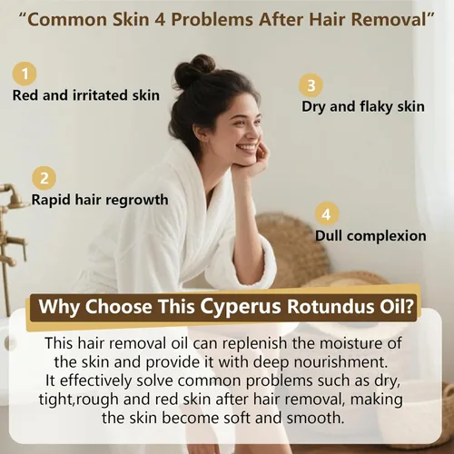 Vista 4 de Aceite Cyperus Rotundus para depilación: reduce el crecimiento no deseado del cabello, ralentiza el nuevo crecimiento, hidrata la piel y reduce