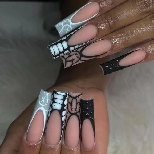 Vista 21 de Uñas postizas francesas a presión, uñas postizas largas de acrílico con forma de ataúd de cobertura completa, uñas postizas de bailarina