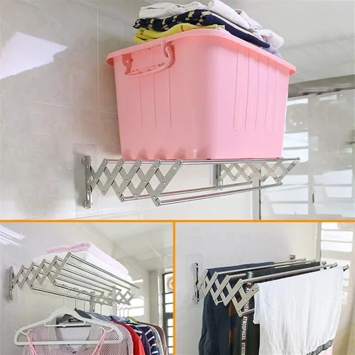Vista 7 de Estante de secado de ropa plegable para ropa para colgar en la pared, ahorrador de espacio, de acero inoxidable, ajustable, para interiores