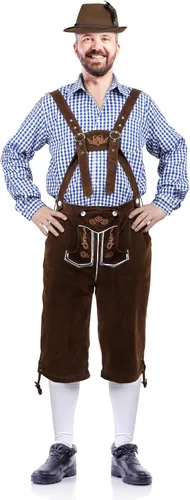 Vista 4 de SOMSOC Disfraz de Oktoberfest bávaro alemán para hombre, incluye Lederhosen para hombre con tirantes, camisa, calcetines y sombrero