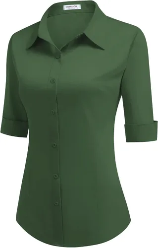Vista 15 de HOTOUCH Camisa de manga 3/4 con botones para mujer, blusas de trabajo ajustadas, camisas de vestir de algodón, camisas de oficina Negro