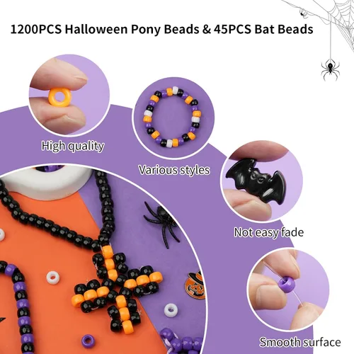 Vista 3 de 1200 cuentas de poni de Halloween, 45 cuentas de murciélago negro, 0.236 x 0.354 in, cuentas de pony negro, morado, naranja, blanco, para joyas 4