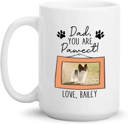 Vista 12 de Taza de café blanca personalizada con foto, con texto en inglés «To The World's Best Dog Dad We Woof You», taza de café blanca de 11 onzas y 15