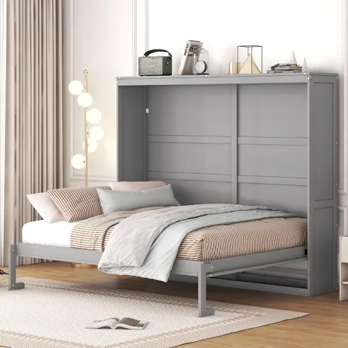 Vista 11 de Baúl móvil Murphy de tamaño Queen con módulo USB integrado de doble alimentación/USB, armario moderno y tradicional de madera maciza con cajón Gris-A
