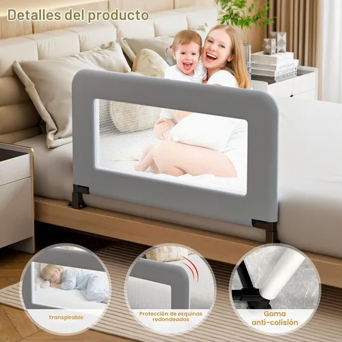 Vista 5 de Barandilla de protección para cama de niños pequeños para bebé - Barandilla de seguridad de metal resistente para camas individuales, de cuna
