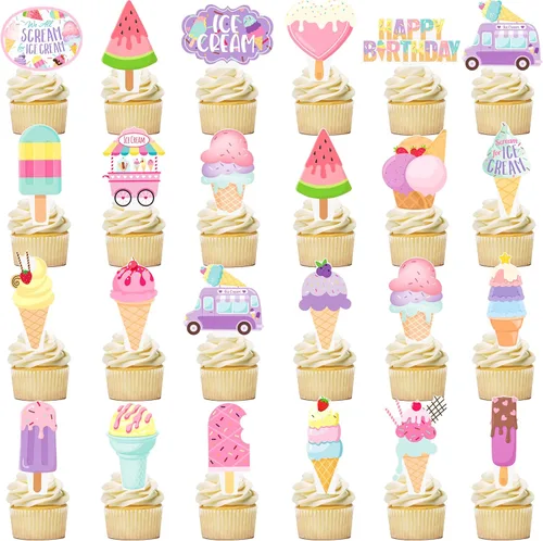 Vista 2 de 48 adornos para cupcakes de helado de verano, selecciones de pastel de cumpleaños, decoraciones de fiesta de helado para dulces temas de verano