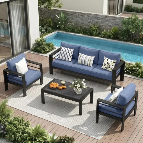 Vista 44 de Solaste Sofá de aluminio para patio con mesa auxiliar, juego de 3 muebles de patio con cojines, sofá de exterior para todo tipo de clima