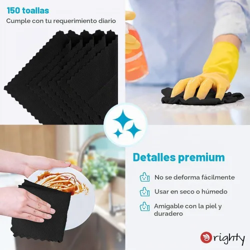 Vista 5 de Orighty Paño de Limpieza de Microfibra Negro, Paquete de 150 Unidades de Suministros de Limpieza Altamente Absorbentes, Trapos de Limpieza de Cocina
