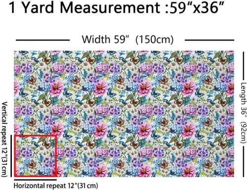 Vista 2 de Tela de Flores Primaverales por Yarda para Sofás, Tela Decorativa de Florales de Pueblo Pájaros Mariposas, Tela de Patrón de Jardín Acuarela