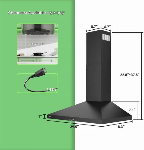 Vista 2 de magicplux Campana extractora de montaje en pared de 30 pulgadas, campana de cocina de 380 CFM con conducto convertible con y sin conductos Negro
