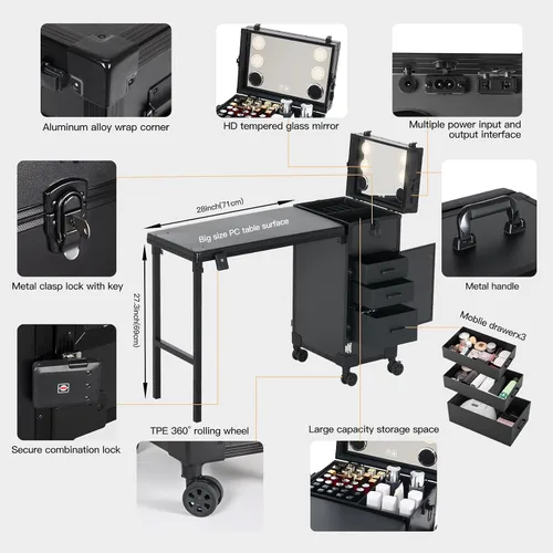 Vista 3 de Mesa de manicura portátil rodante con 3 cajones, estuche de maquillaje con cerradura con espejo y organizador de esmalte de uñas, escritorio de uñas