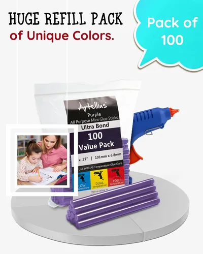 Vista 2 de Artellius Mini barras de pegamento caliente, paquete de 100, morado, estilo gatillo, barras de pegamento termofusible para uso en todas