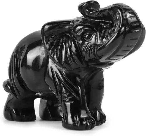 Vista 2 de Artistone Estatua de elefante de cristal de obsidiana negra, escultura de animales tallada a mano para decoración del hogar, adornos de escritorio