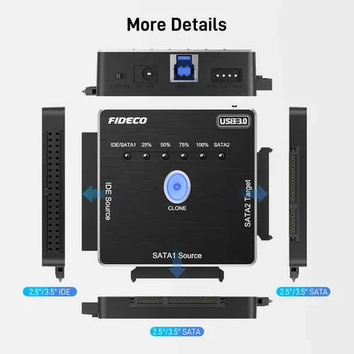 Vista 7 de FIDECO Adaptador SATA/IDE a USB 3.0, cable adaptador de disco duro para disco duro universal de 2.5/3.5 pulgadas IDE/SATA HDD externo SSD