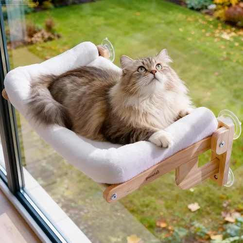 Vista 12 de Pecute Hamaca plegable para ventana de gato, cama para gatos con cojín Gris