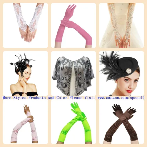 Vista 4 de Specell Guantes de malla con diamantes de imitación para mujer, con brillantina, para ópera, altamente elásticos, longitud de 19 pulgadas