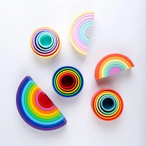 Vista 8 de BLUE GINKGO - Rompecabezas de silicona de arco iris, bloques de construcción de juguetes apilables para bebés, anidación Montessori de extremo