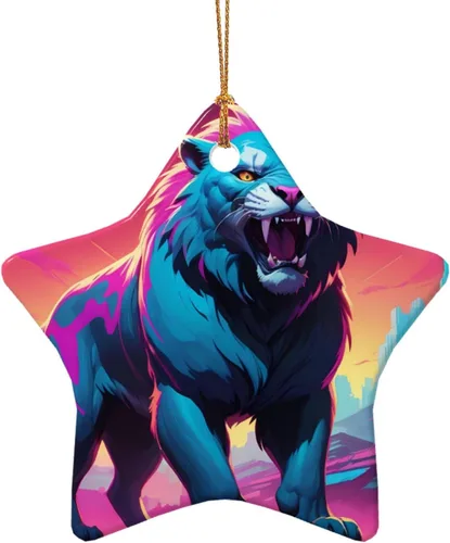 Vista 8 de Synthwave Sabertooth patterned Star Shape ceramic pendant, perfect for decorating your home Christmas tree for winter parties