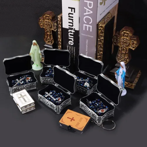 Vista 7 de Rosario católico para mujer con caja de rosario, collar de rosario de cuentas de cristal azul con caja de joyería vintage de la última cena, cuentas