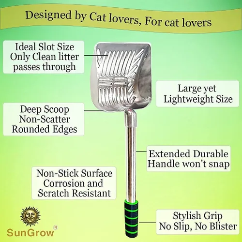 Vista 3 de SunGrow Cuchara de arena para gatos, mango largo de acero inoxidable, mango cómodo de 9 pulgadas, boca ancha de 5 pulgadas, ranuras estrechas