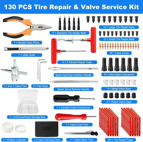 Vista 2 de Kit de tapones para neumáticos, kit de reparación de neumáticos sin cámara de 130 piezas con herramientas de mango en T de metal resistente, tiras