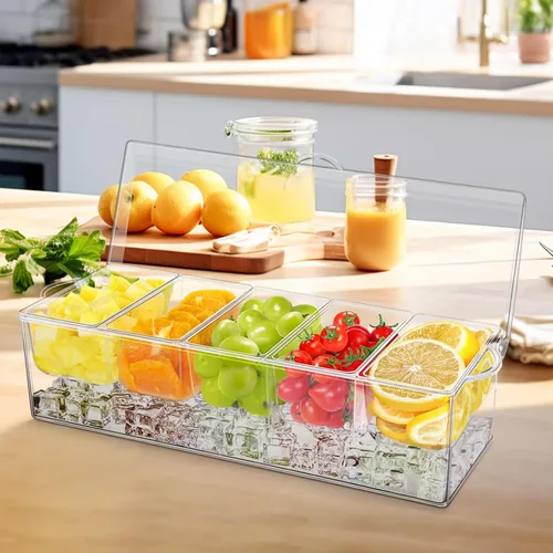 Vista 7 de Servidor de condimentos de 5 compartimentos, recipientes de condimentos enfriados con hielo, bandeja transparente para servir condimentos sobre
