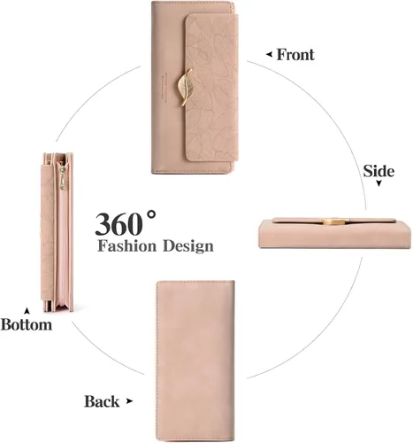 Vista 6 de Cartera de cuero para mujer, con bloqueo RFID, gran capacidad, triple tarjetero, carteras, monedero largo con ventana de identificación, C02 Rosa