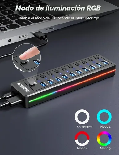 Vista 2 de Hub USB alimentado, divisor USB de 10 puertos con tira LED RGB