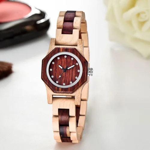 Vista 2 de Reloj de madera para mujer con correa de madera de cuarzo, analógico, colorido, relojes de madera de bambú para mujer, BS-WM01-MADERA
