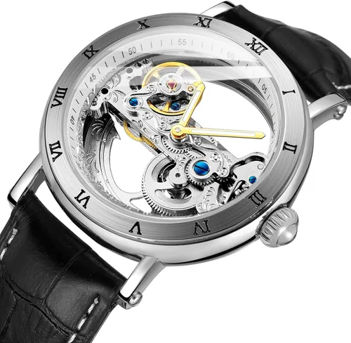 Vista 2 de FORSINING Reloj de esqueleto con correa de piel auténtica, diseño único de lujo, movimiento automático, estilo popular