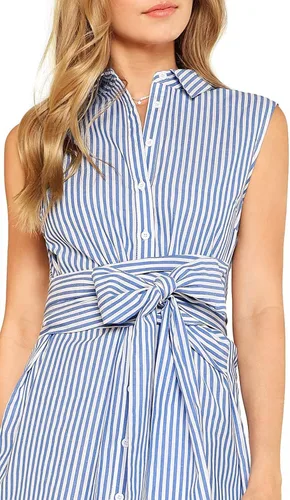 Vista 4 de Romwe Vestido camisero corto a rayas de verano para mujer con cinturón con botones al cuello