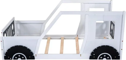 Vista 5 de Cama de plataforma de tamaño individual, cama de plataforma en forma de automóvil con ruedas y ventanas, marco de cama de madera maciza con soporte