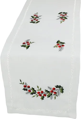 Vista 3 de Holly Berry - Camino de mesa navideño bordado con vainica, 8 x 62 pulgadas