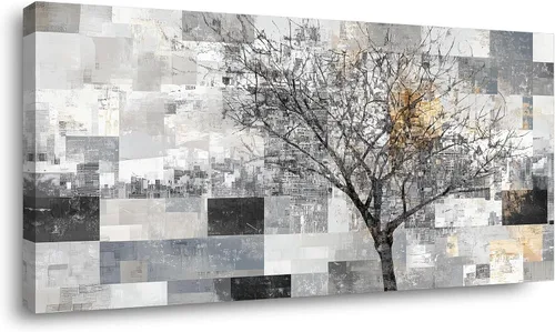 Vista 50 de LASMOND Arte de pared abstracto moderno de árbol para sala de estar, pintura en lienzo en blanco y negro, arte de pared grande de paisaje natural