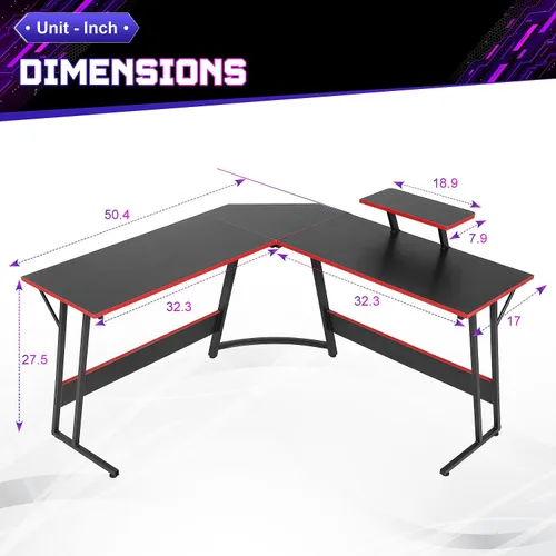Vista 2 de NChanmar Escritorio para juegos en forma de L con soporte elevador para monitor, escritorio de esquina para oficina en casa para estudiar, trabajar