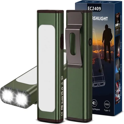 Vista 15 de Linterna plana EDC recargable, 1200 lúmenes USB-C (naranja, 1 unidad) Linterna de bolsillo con clip, 9 modos de luz magnética impermeable pequeña